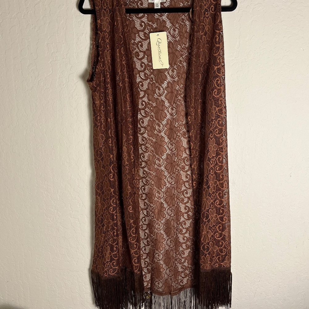Questions, XL long brown open lace vest, or tunic with fringe.